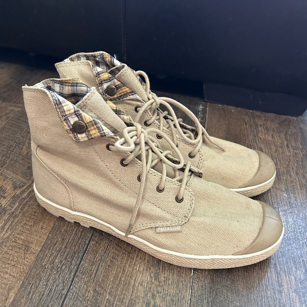 Palladium Baggy Tan Canvas Fold Over Plaid Lined High Top Boots Womens 9